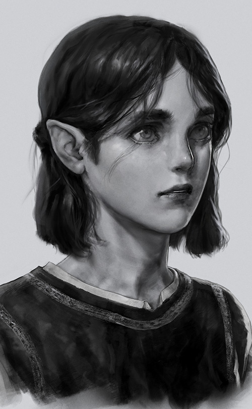 Portrait of a half-human boy (2023) From a series of fantasy portraits of secondary characters.