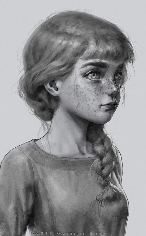Portrait of a human little girl (2023) From a series of fantasy portraits of secondary characters.