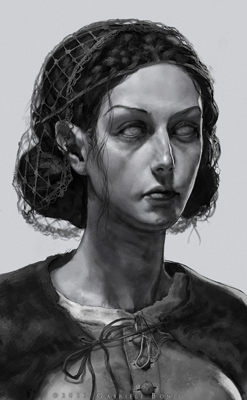 Portrait of an almost blind human woman (2023) From a series of fantasy portraits of secondary characters.