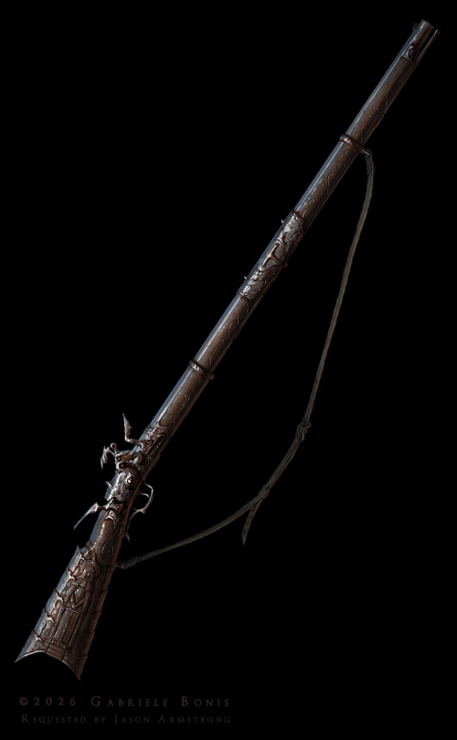 Alicia's Weapons - Long Rifle (2026) Prop design for the character Alicia. Flintlock long rifle. Client: Jason Armstrong.