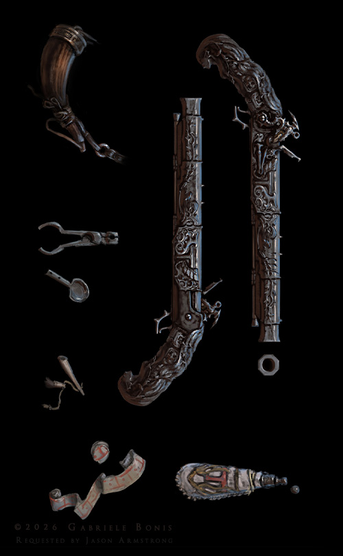 Alicia's Weapons - Paired Pistols (2026) Prop design for the character Alicia. Paired flintlock pistols. Client: Jason Armstrong.