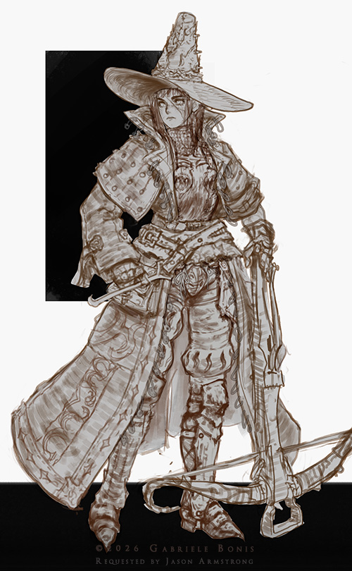 Older Alicia, thumbnails (2026) Character design sketches. Part of a commission for Jason Armstrong.