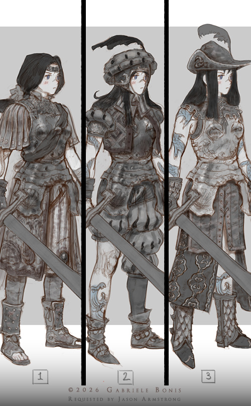 Younger Alicia, Thumbnails (commission) (2026) Character design. Commission for Jason Armstrong. Thumbnails.